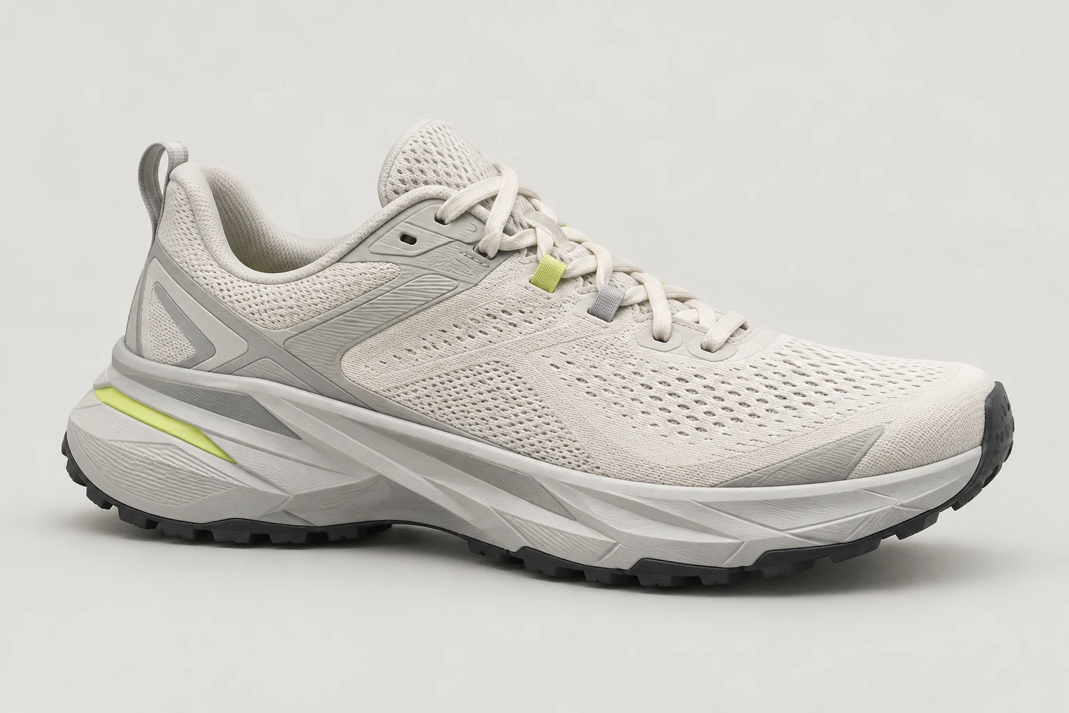 Ivory mesh sneaker with a sculpted gray sole and lime accents